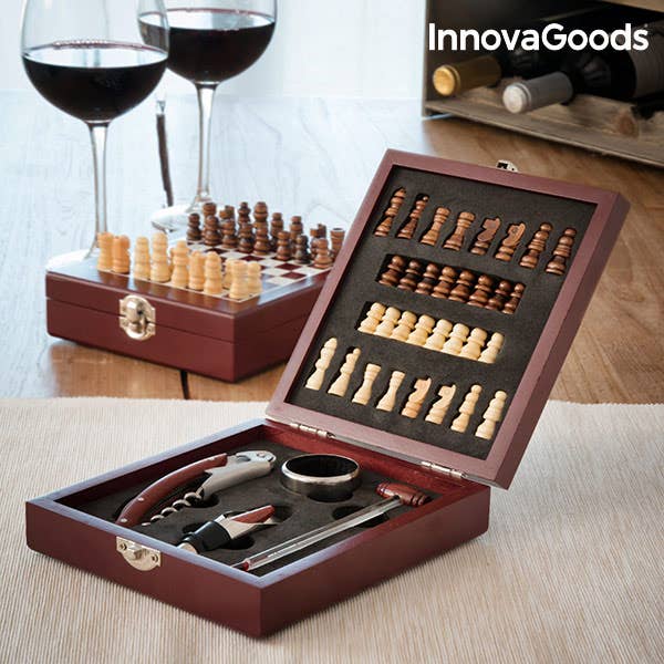 Conjunto de acessórios de vinho e xadrez InnovaGoods em madeira e aço